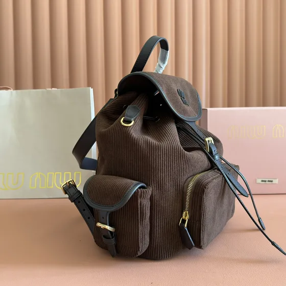 Miu Miu Corduroy Piel-Trimmed Mochila Marrón Mochila