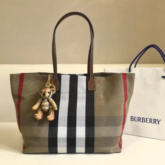 Burberry Check Canvas Tote Bag Beige Brown Check Tote Bag