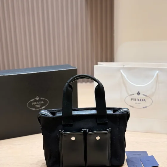 Prada Re-Nylon And Brushed Læder Small Tote Sort Shoppertasketur