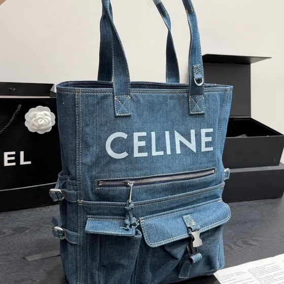 Celine Multi-Pocket Denim Tote Bag Indigo Blue Tote Bag