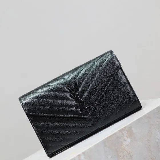 YSL Cassandre Matelass Envelope Chain Wallet Black Woc