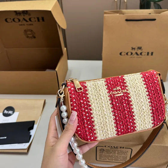 Coach Mini Rowan Crossbody-Tasche (Pearl Strap Striped Straw Version) Rot Weiß Braun Crossbody