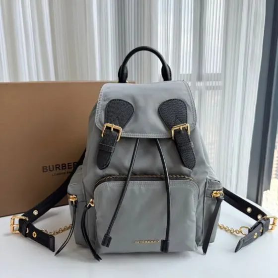 Burberry The Medium Rucksack In Technical Nylon And Leather Gray Backpack