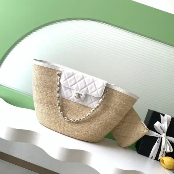 Chanel Large Straw Basket Bag Beige And White Shoulder Bag