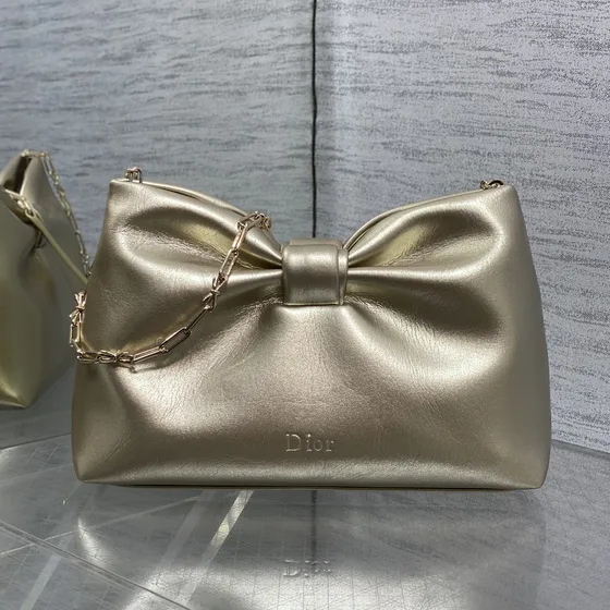 Dior Bow Pouch With Chain Champagne Gold Shoulder Bag