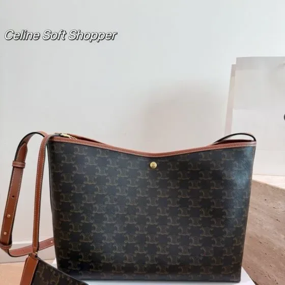 Celine Soft Shopper Tan Triomphe Canvas Brown Shoulder Bag