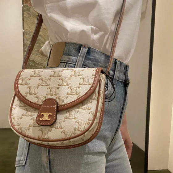 Celine Besace Triomphe White Brown Crossbody