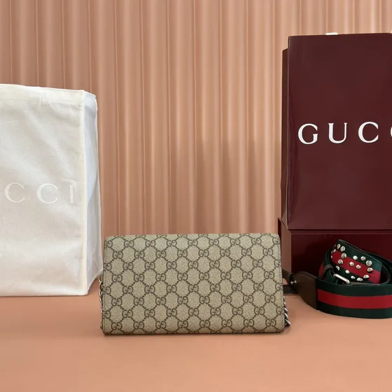 Gucci Dionysus Gg Supreme Chain Wallet Beige Brown Crossbody