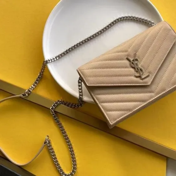YSL Cassandre Envelope Chain Wallet Beige Woc