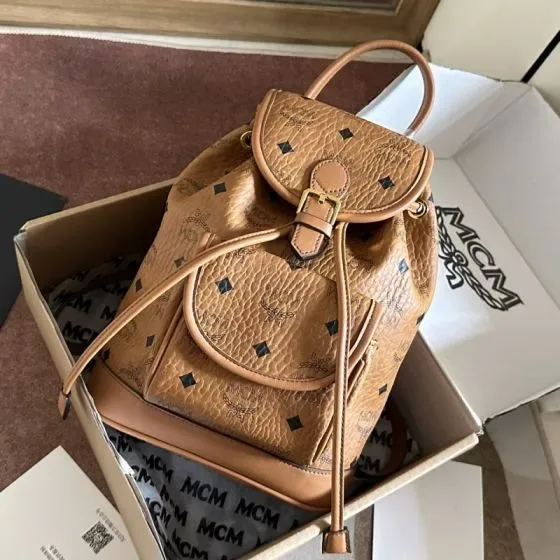 MCM Aren Visetos Drawstring Backpack Cognac Backpack