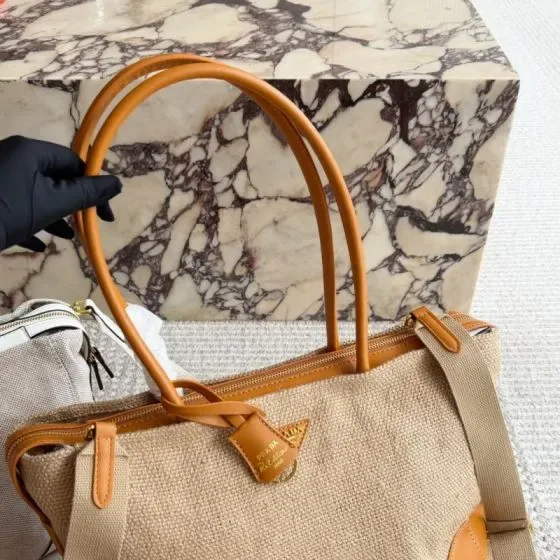 Prada Linen Blend Tote Bag With Shoulder Strap Beige Tote Bag