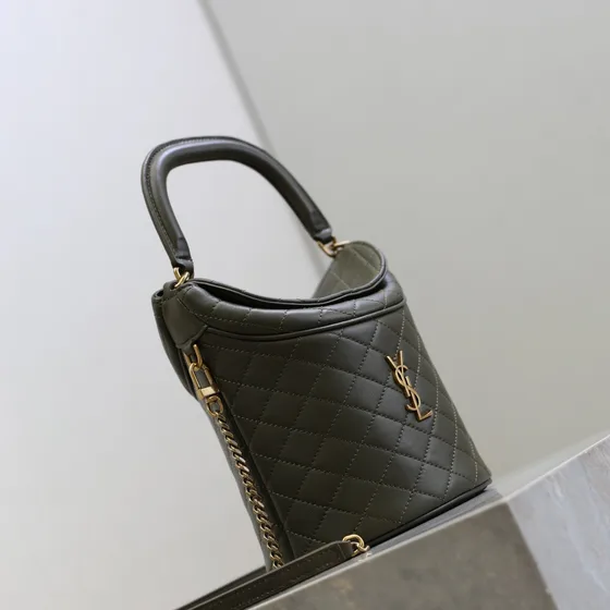 YSL Gaby Micro Vanity Bucket Bag Dark Olive Xanh lá Top Handle
