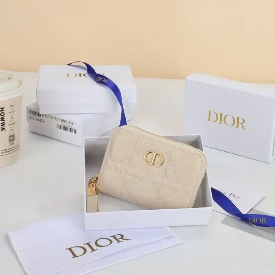 Dior Dior Caro Compact Zipped Coin Purse Beige Coin Purse