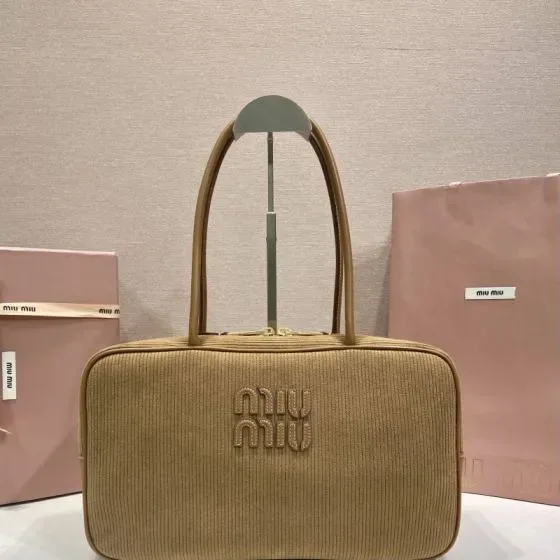 Miu Miu Embroidered Logo Corduroy Top Handle Bag Beige Top Handle