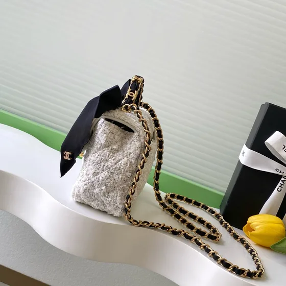 Chanel Alça superior Bolsa de aba With Ribbon Bow Gray/Preto Alça superior