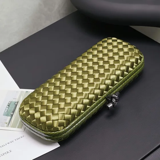 Bottega Veneta Intrecciato Satin Knot Clutch Olive Green Clutch