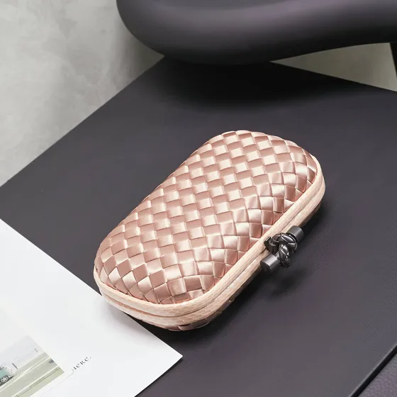 Bottega Veneta Intreccio Satin Knot Clutch Champagne Pink Clutch
