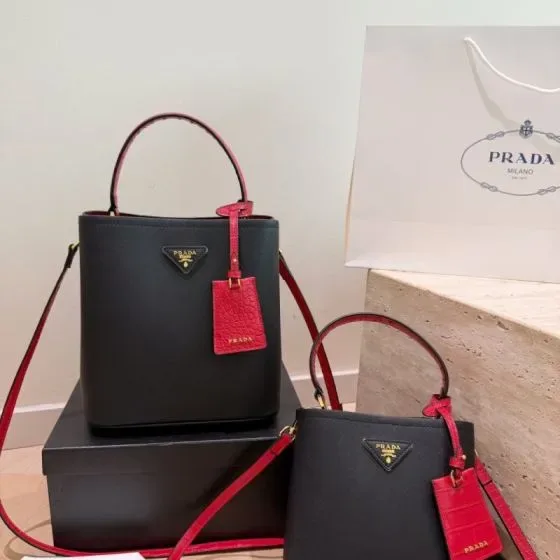 Prada Medium Panier Saffiano Leather Bucket Bag Black With Red Accents Top Handle Crossbody