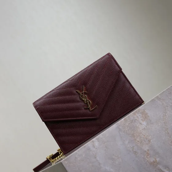 YSL Cassandre Matelass Envelope Chain Wallet Burgundy Woc
