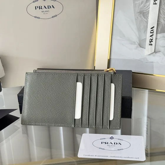 Prada Saffiano Couro Card Holder With Zipper Dark Cinza Card Holder