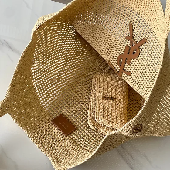 YSL Icare Raffia Shopping Tote tas Beige Tote tas