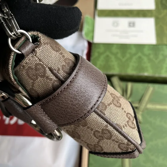 Gucci Gg Парусина Horsebit Chain Сумка на плечо With Web Stripe Бежевый/Коричневый Сумка на плечо