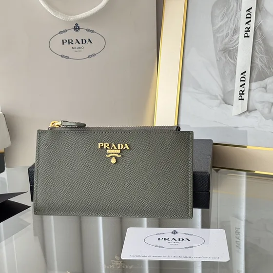 Prada Saffiano Couro Card Holder With Zipper Dark Cinza Card Holder
