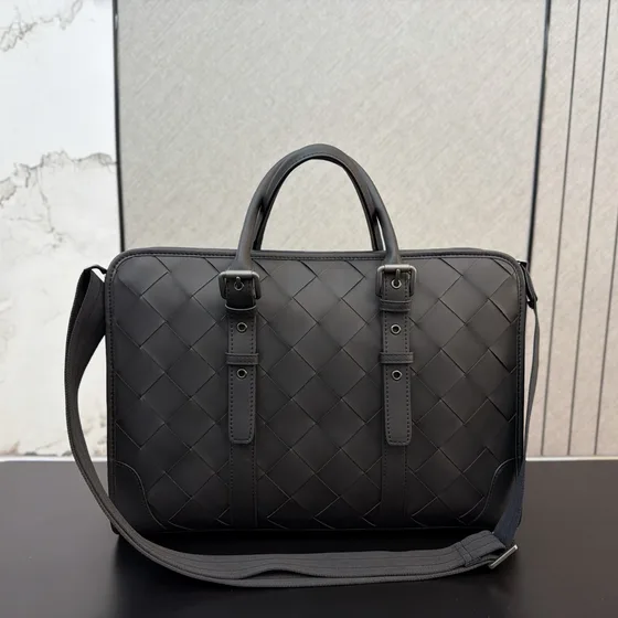 Bottega Veneta Intrecciato Leather Briefcase Dark Grey Top Handle