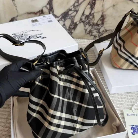 Burberry Check Drawstring Pouch Bag Black Crossbody