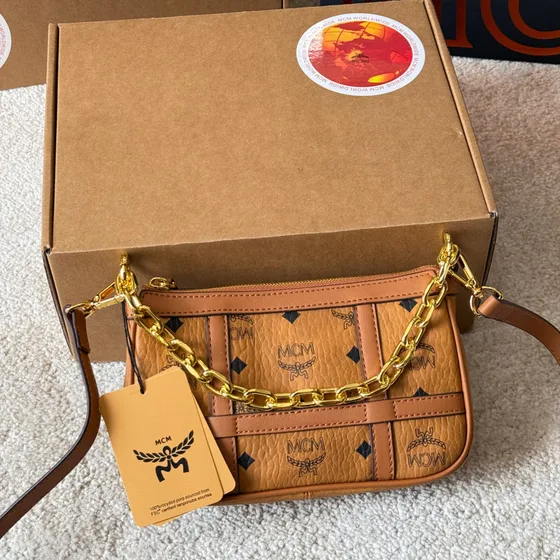 MCM Aren Visetos Chain Crossbody Pouch Cognac Crossbody