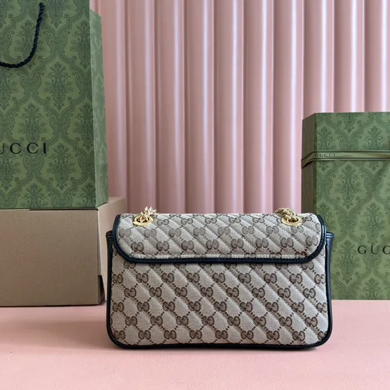 Gucci Gg Marmont Small Skulderveske Beige Lerret With Marineblå Skinn Trim Skulderveske