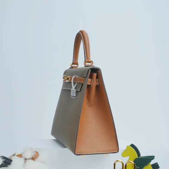 Hermes Kelly สีเทา/สีน้ำตาล Top Handle