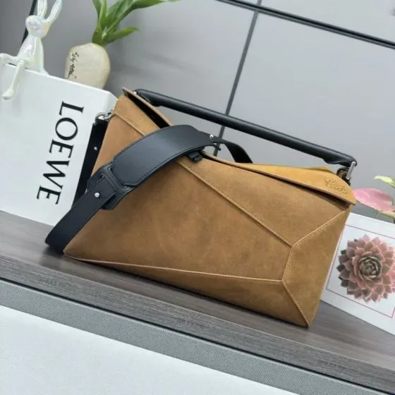 Loewe Puzzle Bag Warm Desert Brown With Black Leather Tri Top Handle Shoulder Crossbody Bag