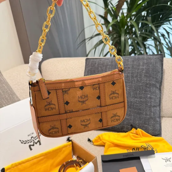 MCM Aren Visetos Chain Pouch Cognac Brown Crossbody
