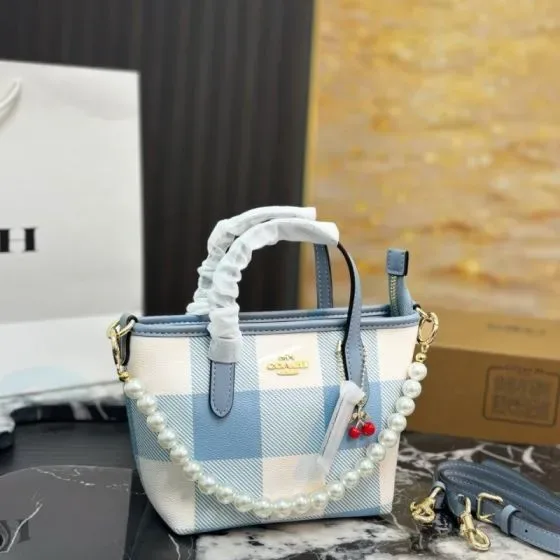 Coach Mini City Tote Light Blue White Gingham Tote Bag