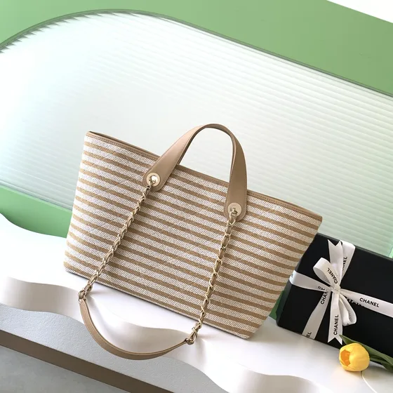 Chanel Deauville Tote Beige Hvid Striped Shoppertasketur