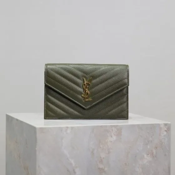 YSL Cassandre Matelass Envelope Chain Wallet Olive Green Woc