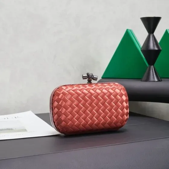 Bottega Veneta Intreccio Satin Knot Clutch Coral Pink Clutch