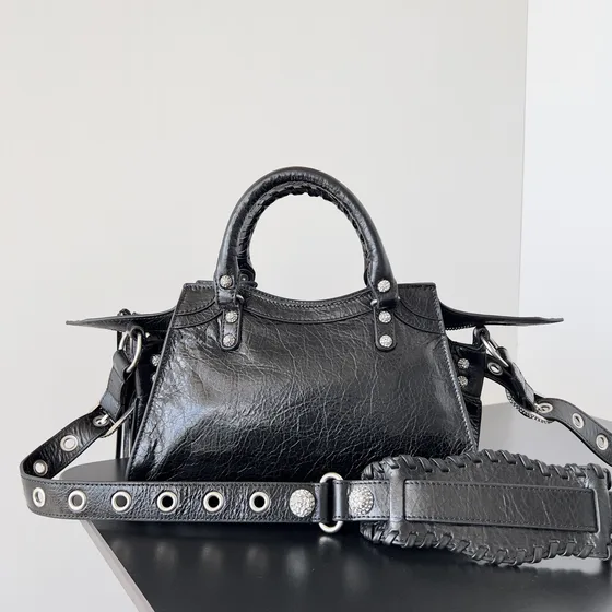 Balenciaga Neo Cagole City Handbag With Rhinestones Black Top Handle