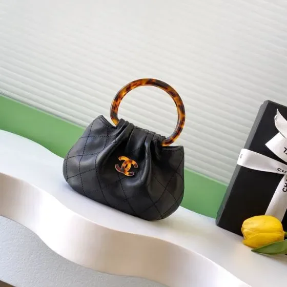 Chanel Mini Circle Pouch With Tortoiseshell Handle Black Top Handle