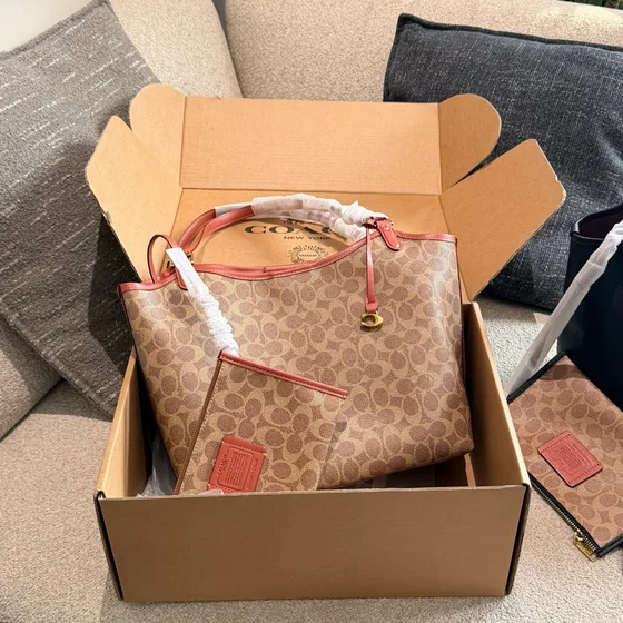 Coach Day Tote Tan Coated قماش Signature/أسود Tote Bag