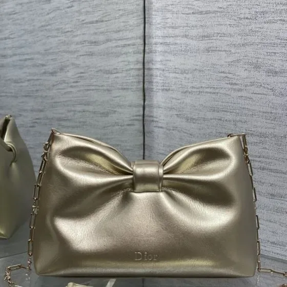 Dior Bow Pouch With Chain Champagne Gold Shoulder Bag