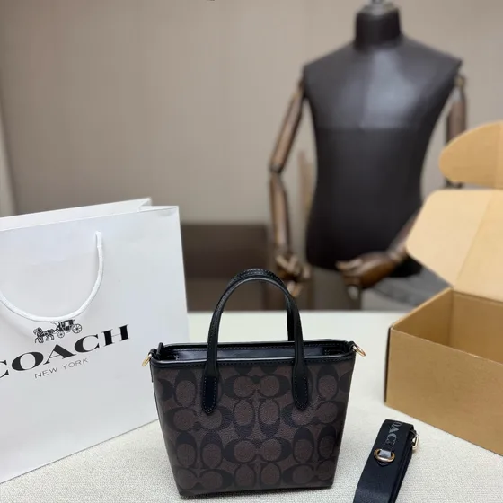 Coach Mini City Tote In Signature Lerret Sort/Brun Shopperveske