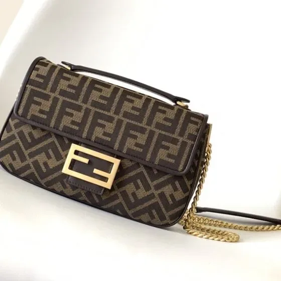 Fendi Baguette Chain Midi Brown Crossbody