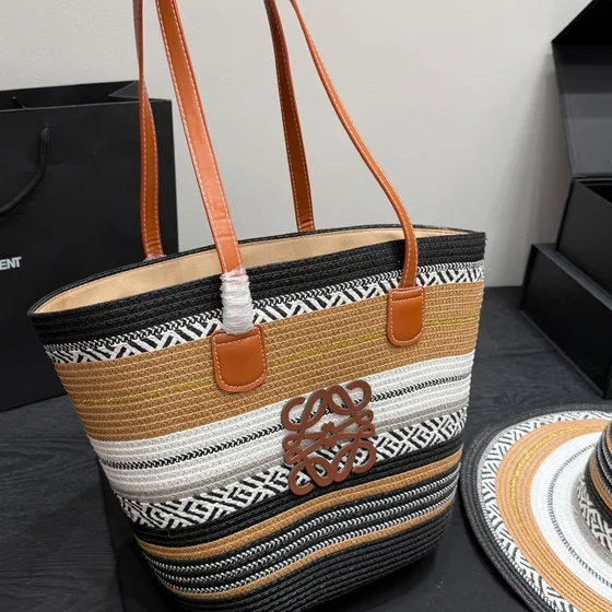 Loewe Anagram Basket Bag Multicolor Natural Tan Black White Tote Bag