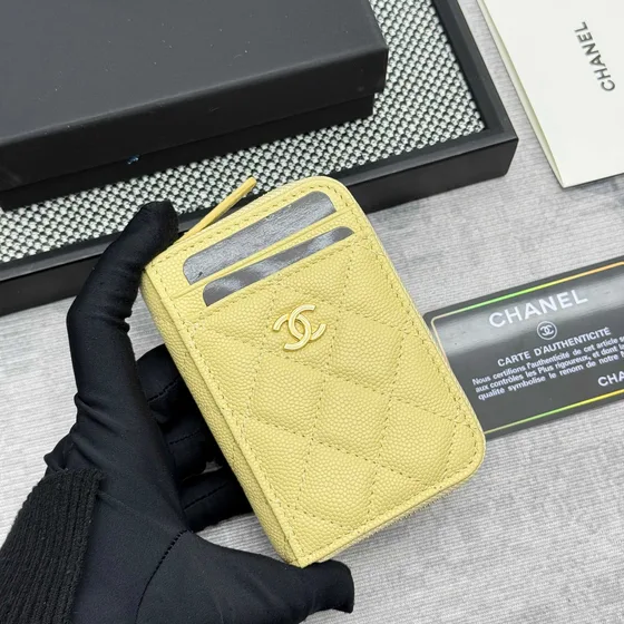 Chanel Quilted Caviar Zip Card Holder Yellow Card Holder