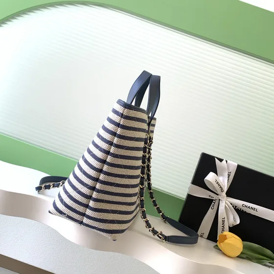 Chanel Deauville Tote Navy Blue And Beige Striped Tote Bag