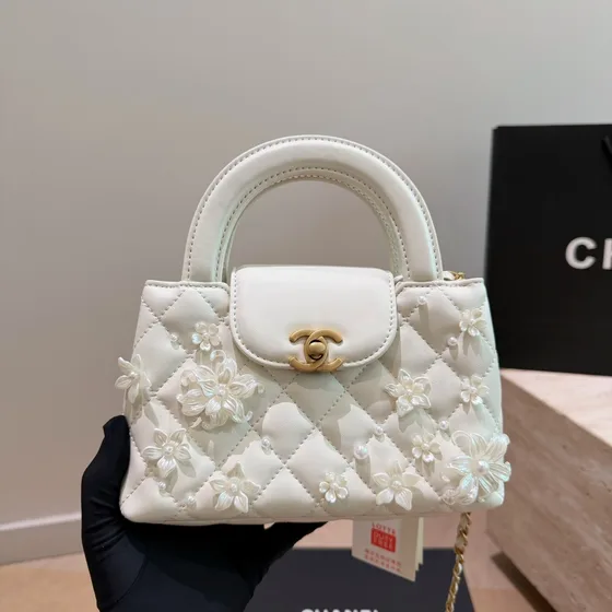 Chanel Nano Kelly Custom Floral Embellished Version Light Blue Top Handle
