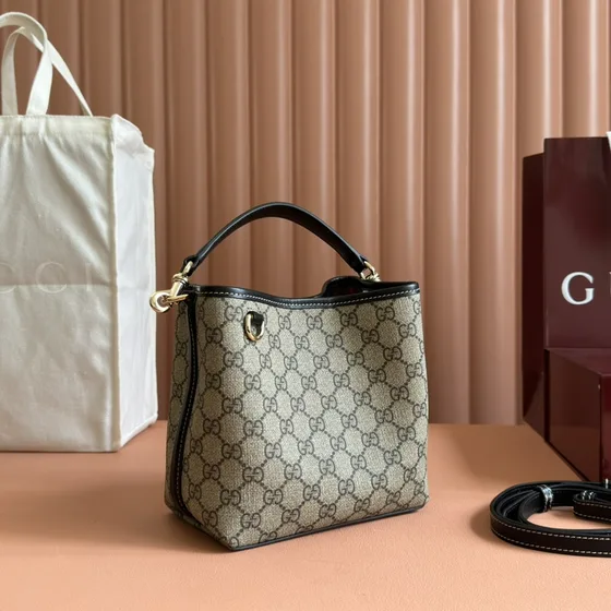 Gucci Gg Emblem Mini Bucket Bag Beige And Hitam Crossbody
