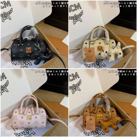 MCM Mini Boston Bag Black Beige Pink Cognac 18 1 Top Handle